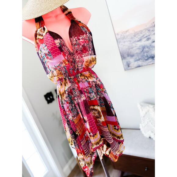 Sangrias + Sunsets flowy boho printed sheer flirty swim coverup mini dress - Picture 3 of 8